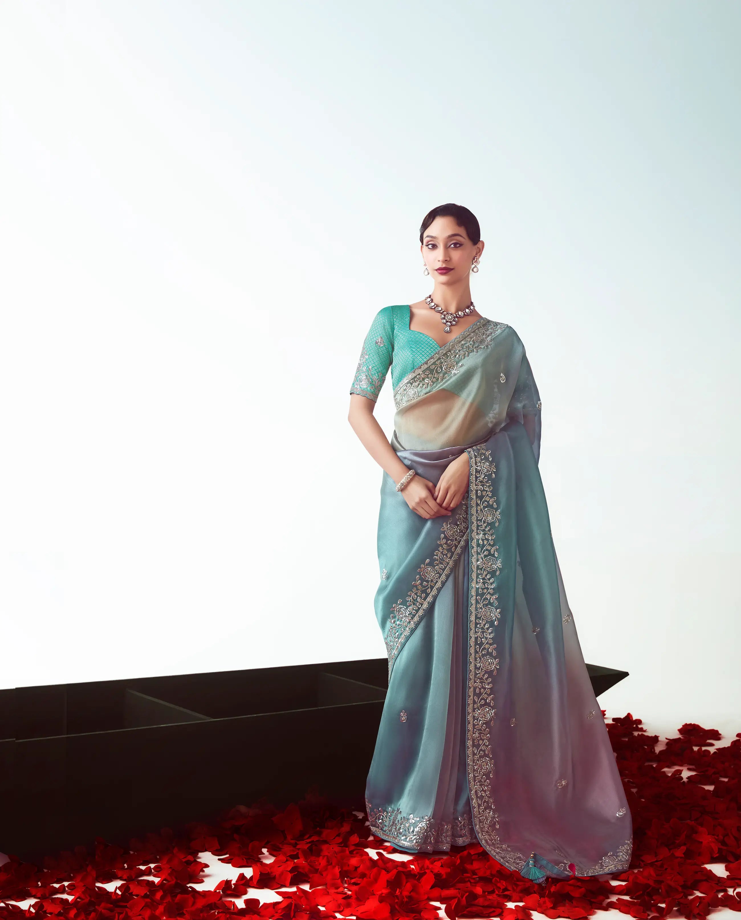 Blue Multicolor Party Wear Saree With Embroidery & Hand Work - qivii