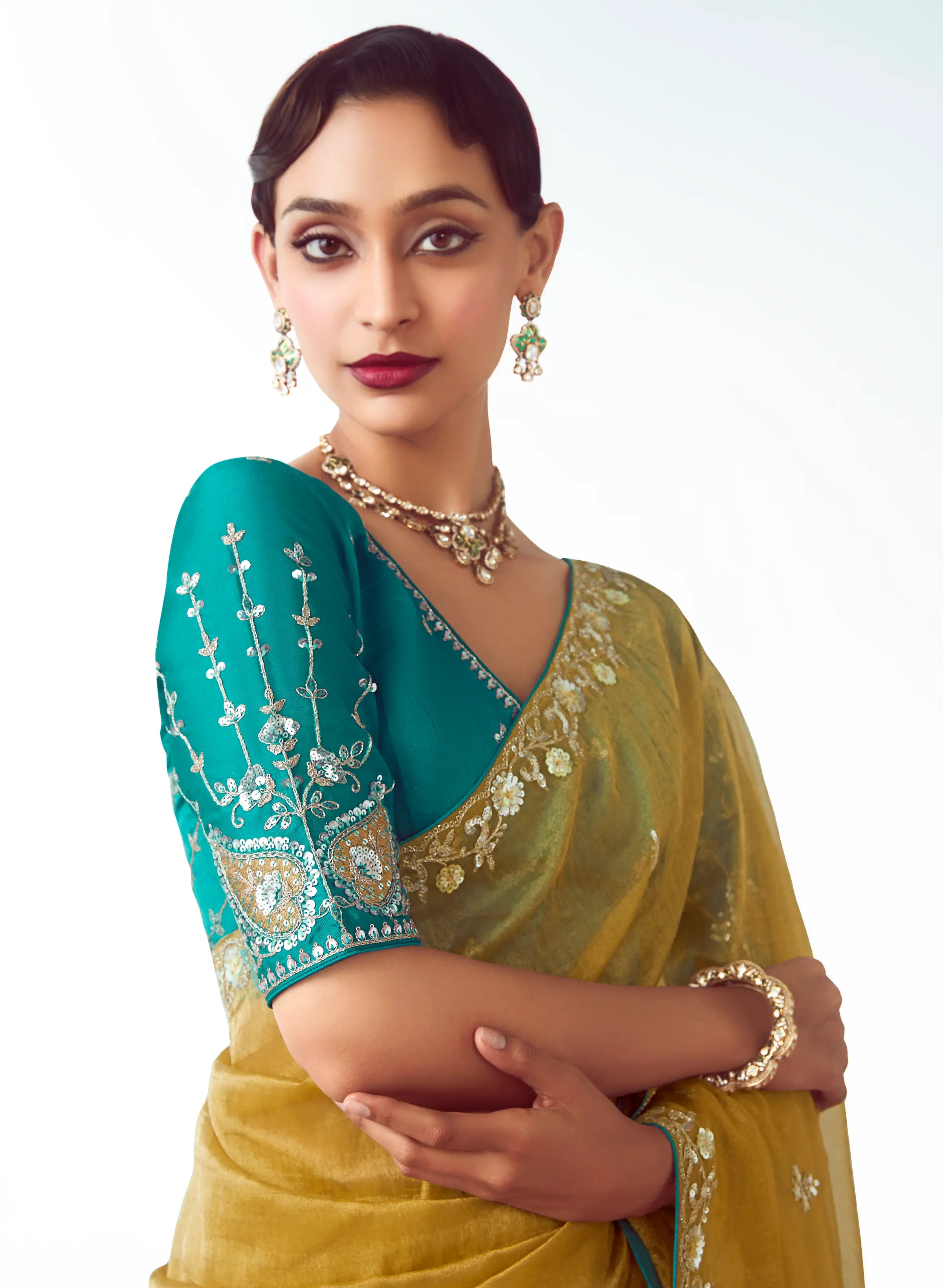 Golden Yellow Party Wear Saree With Embroidery & Hand Work - qivii