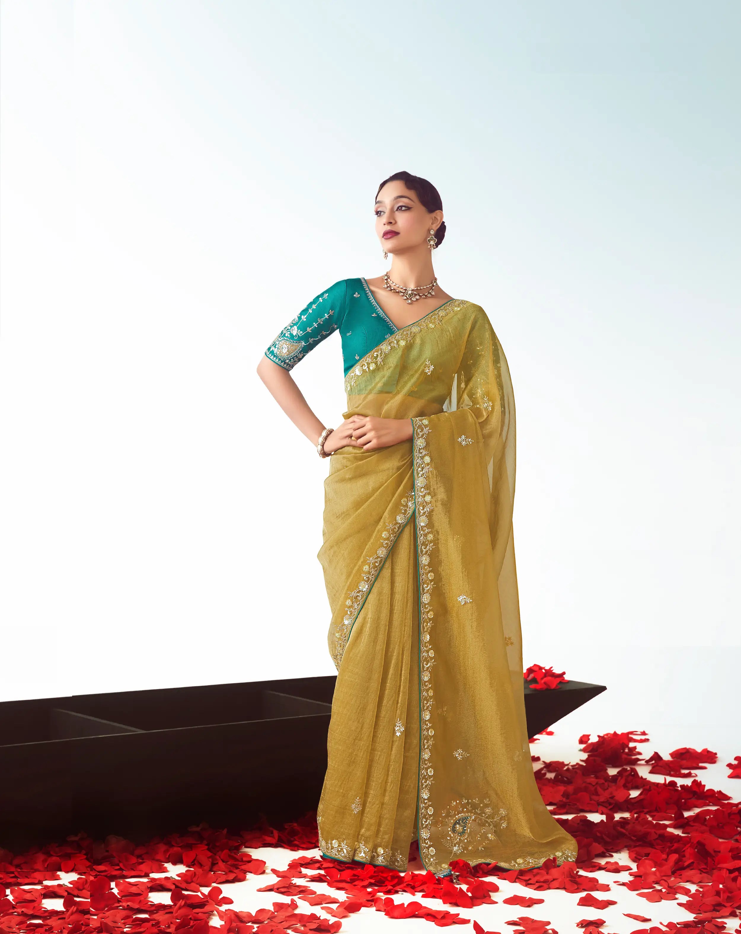 Golden Yellow Party Wear Saree With Embroidery & Hand Work - qivii