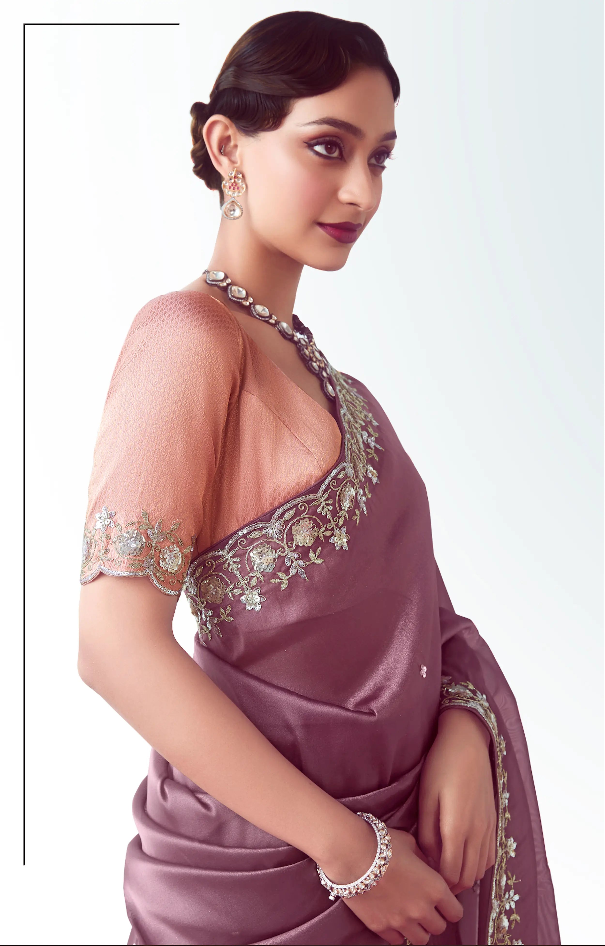 Dark Mauve Party Wear Saree With Embroidery & Hand Work - qivii