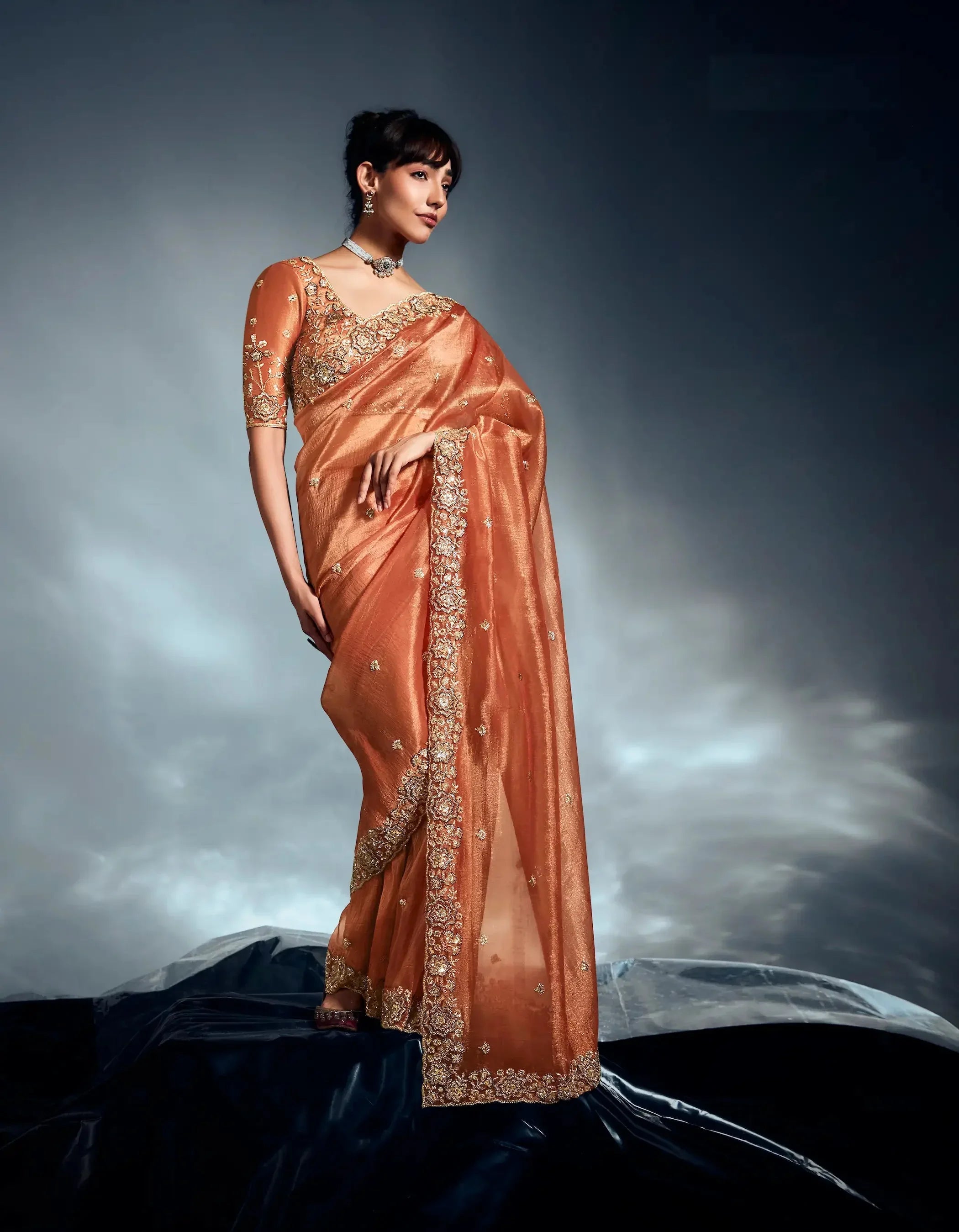 Rust Orange Organza Tissue Khatli Work Saree - qivii