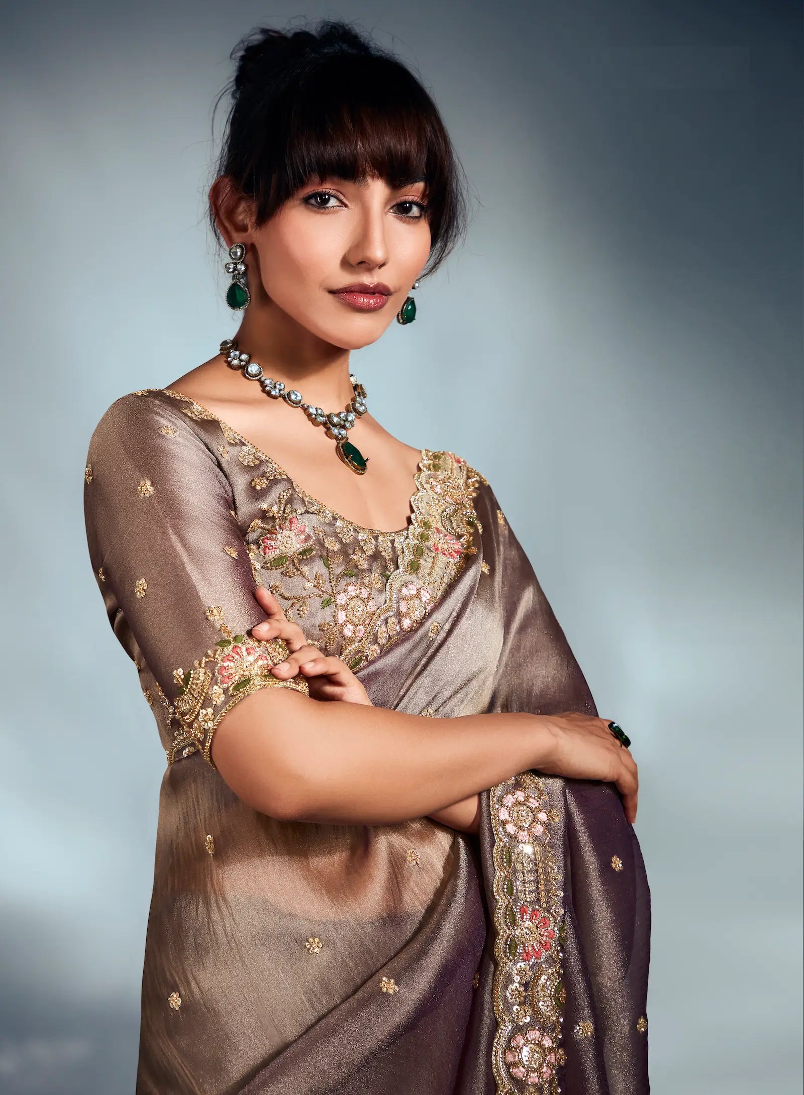 Tobacco Brown Organza Tissue Khatli Work Saree - qivii