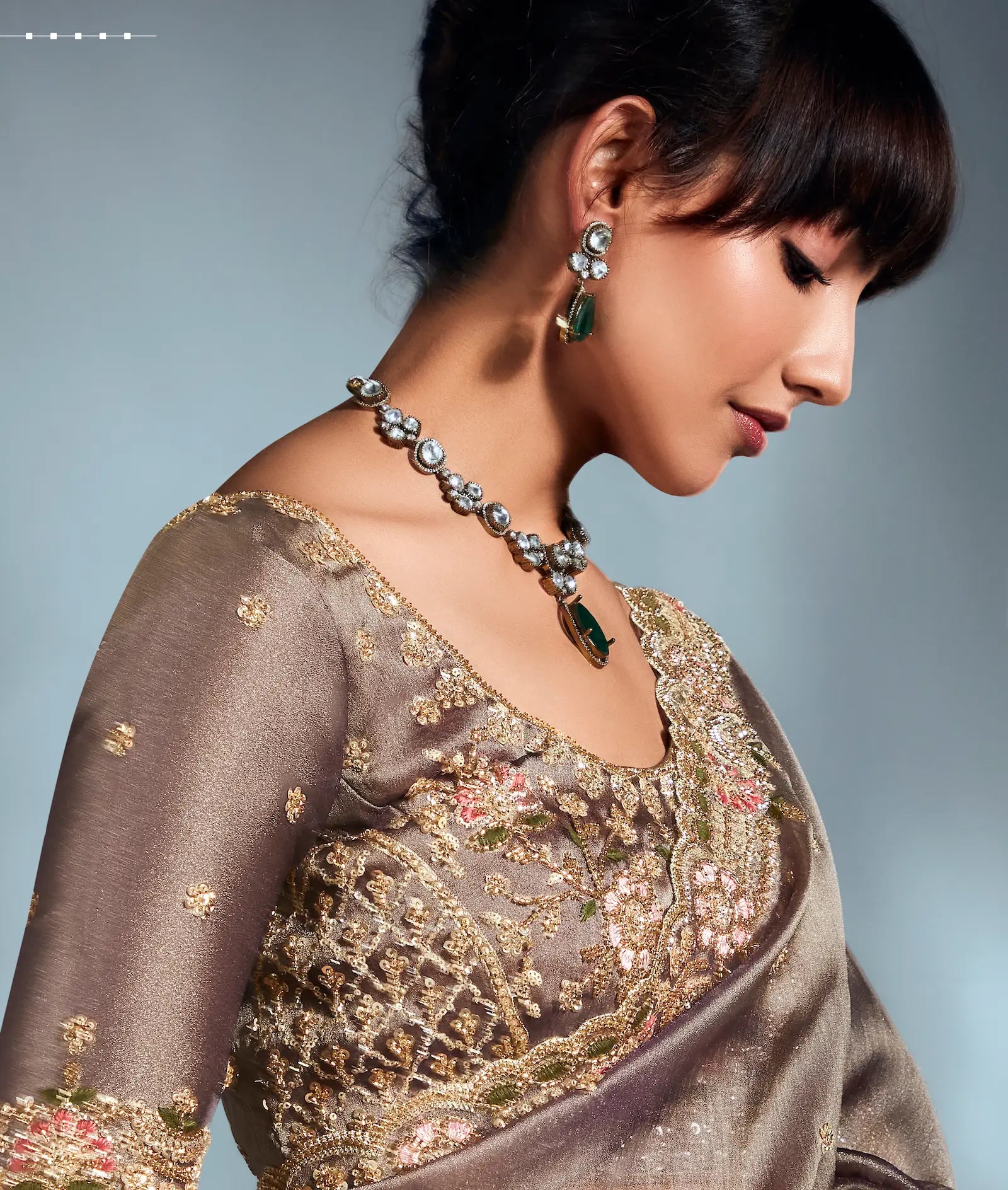 Tobacco Brown Organza Tissue Khatli Work Saree - qivii