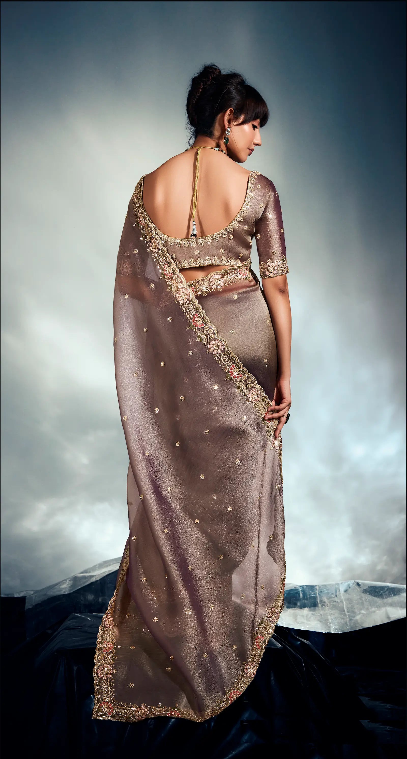 Tobacco Brown Organza Tissue Khatli Work Saree - qivii