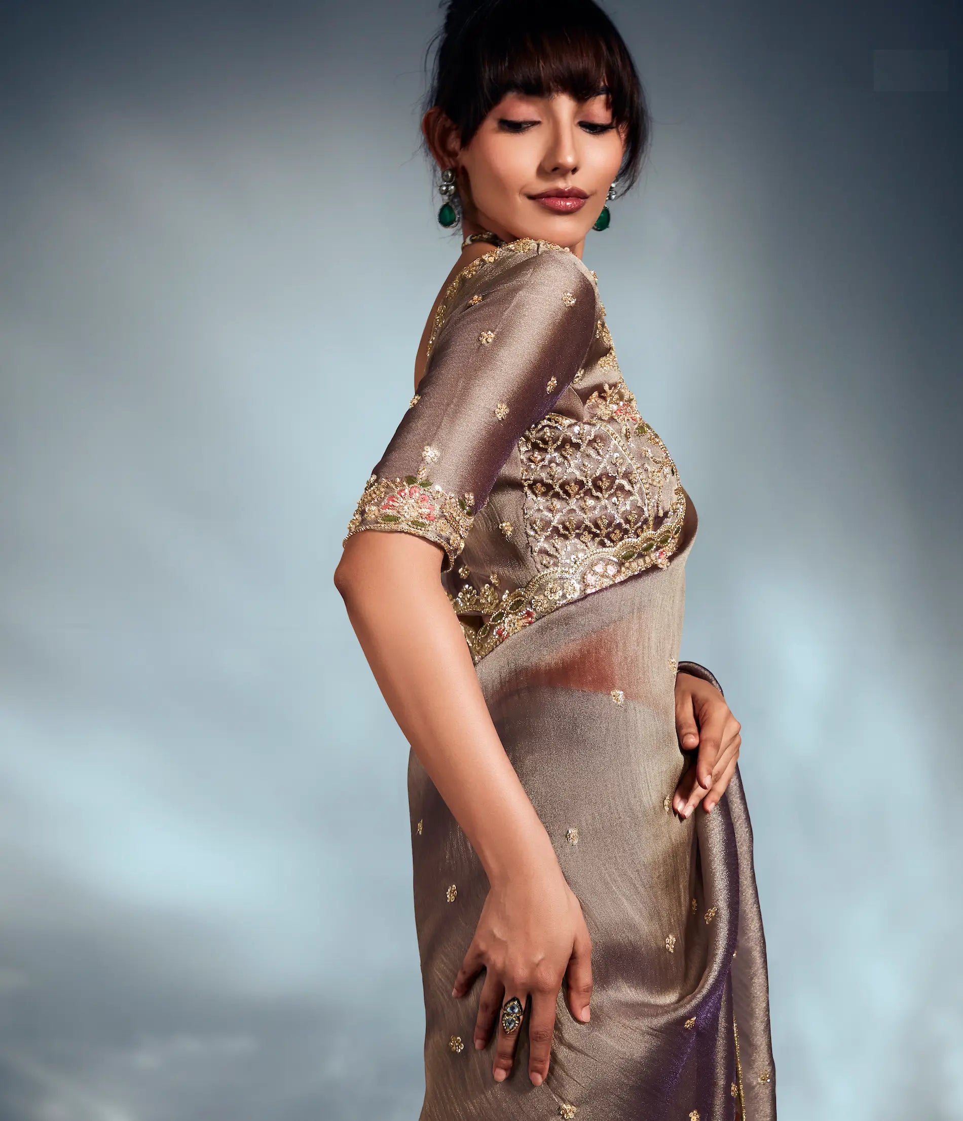 Tobacco Brown Organza Tissue Khatli Work Saree - qivii