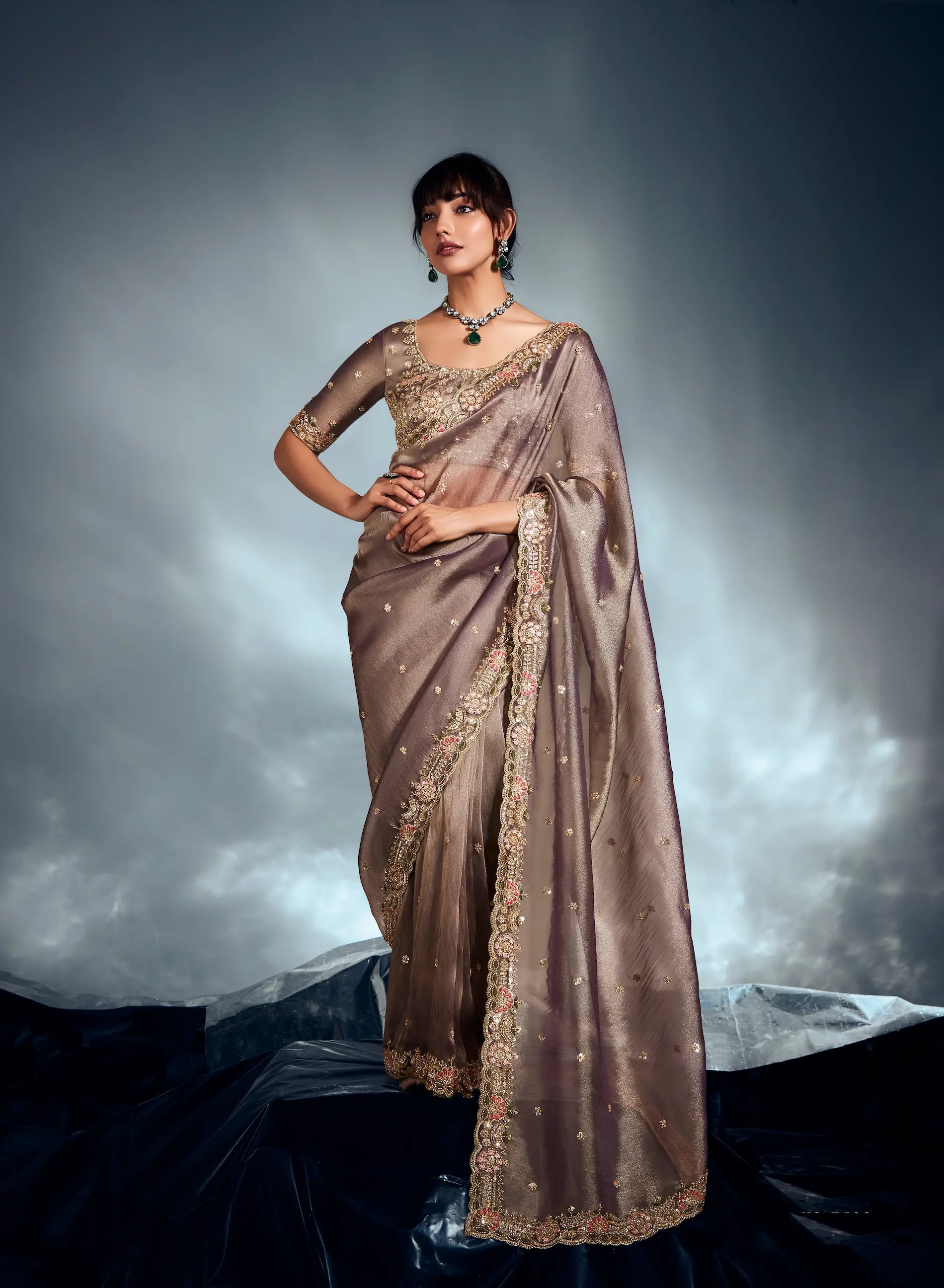 Tobacco Brown Organza Tissue Khatli Work Saree - qivii