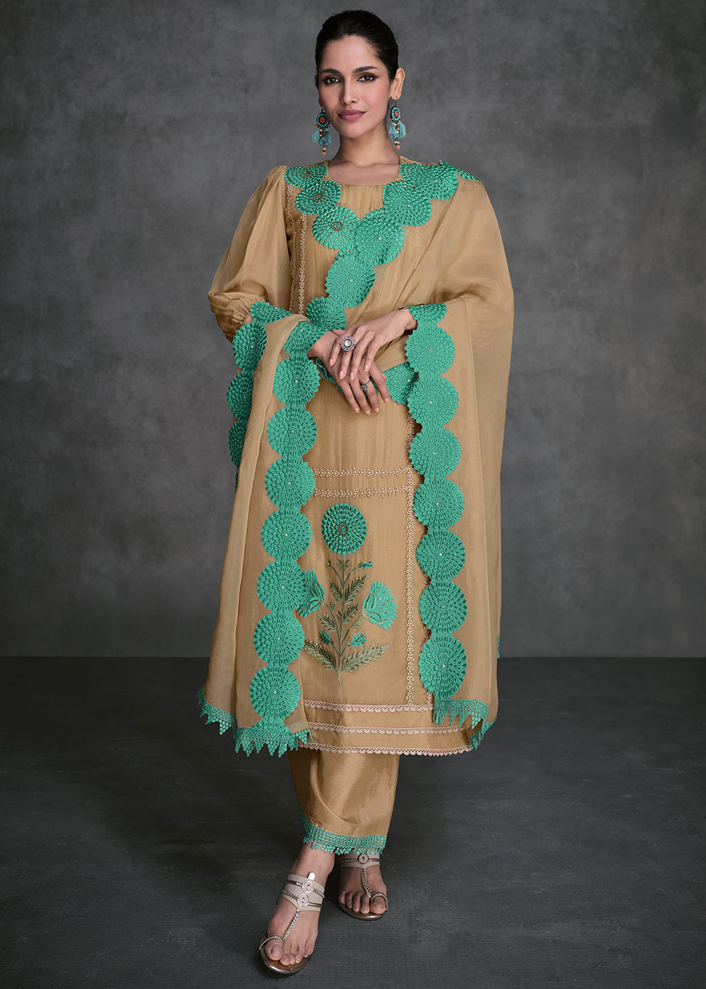 Camel Brown Organza Silk Salwar Suit - qivii