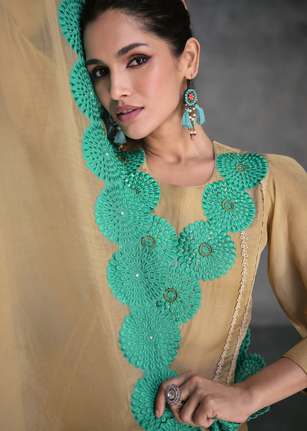 Camel Brown Organza Silk Salwar Suit - qivii