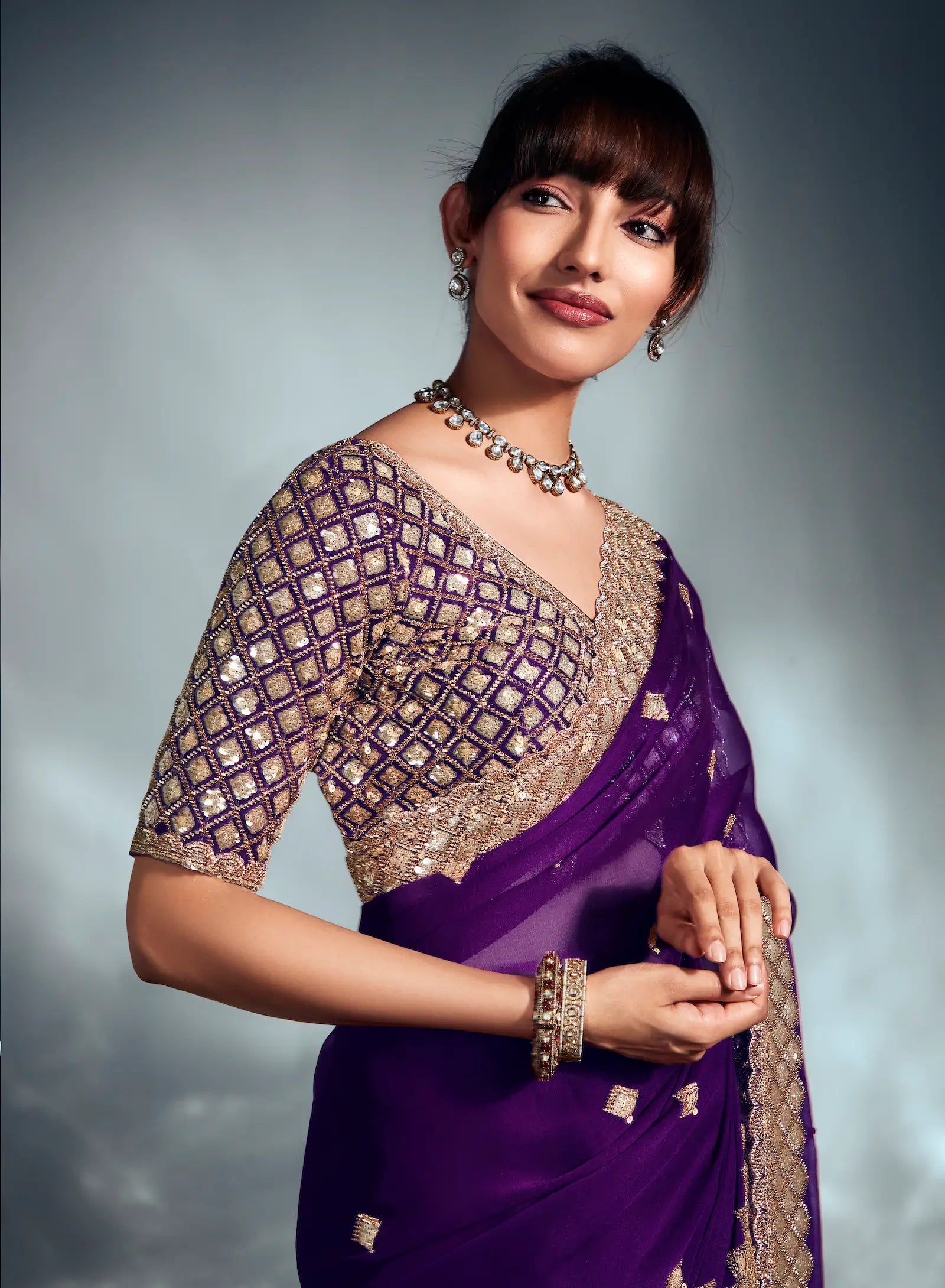 Dark Purple Organza Tissue Khatli Work Saree - qivii