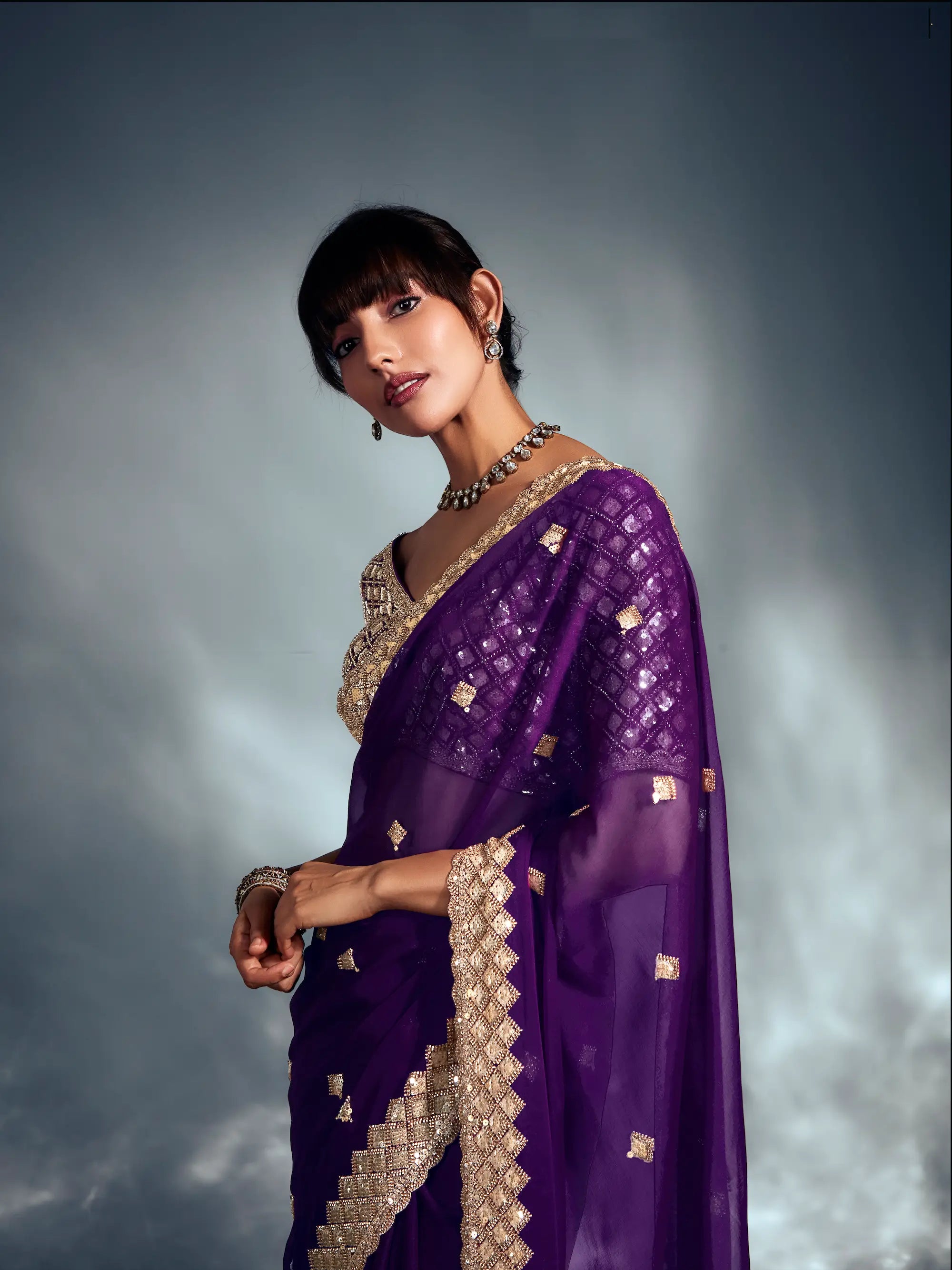 Dark Purple Organza Tissue Khatli Work Saree - qivii