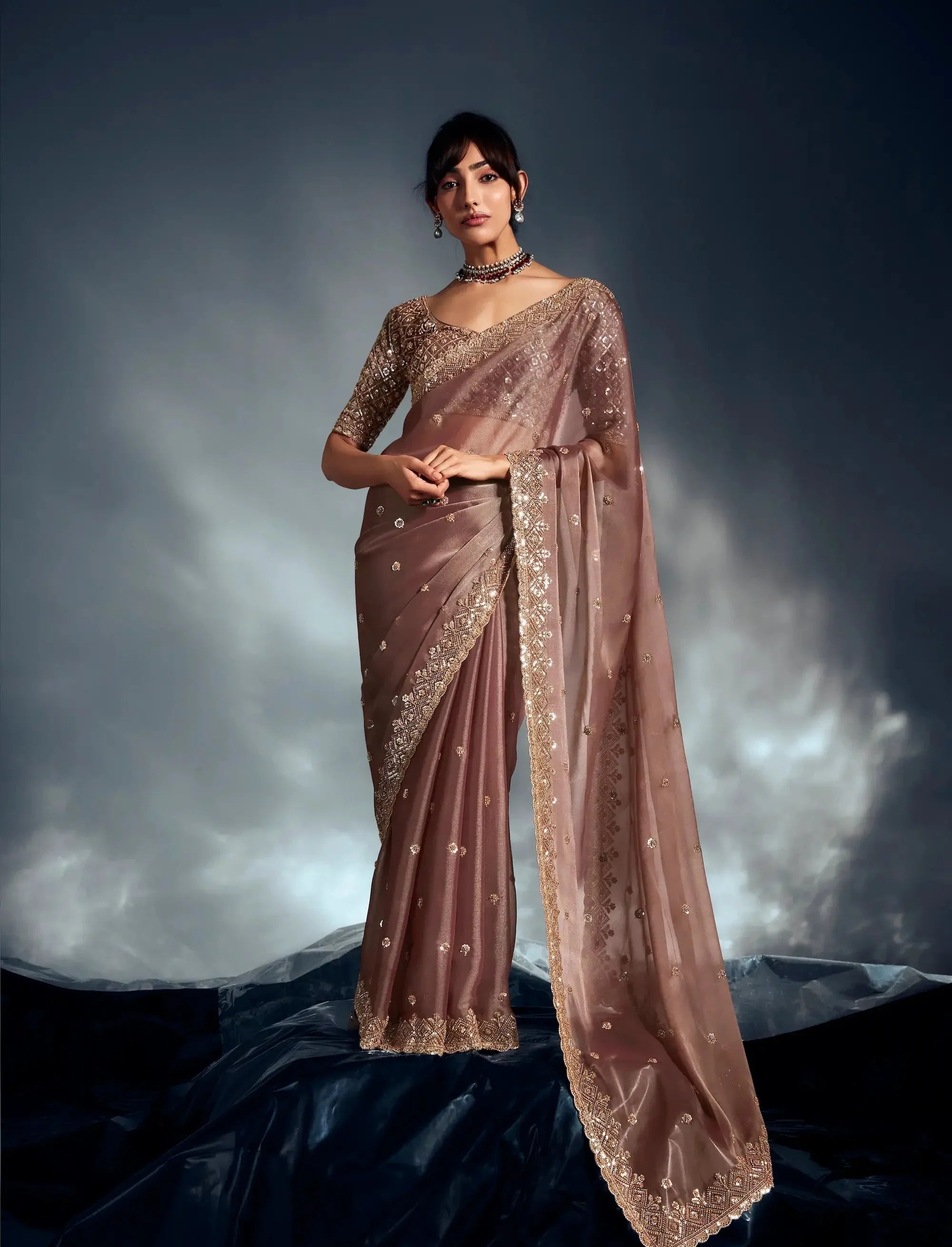 Coffee brown Organza Tissue Khatli Work Saree - qivii