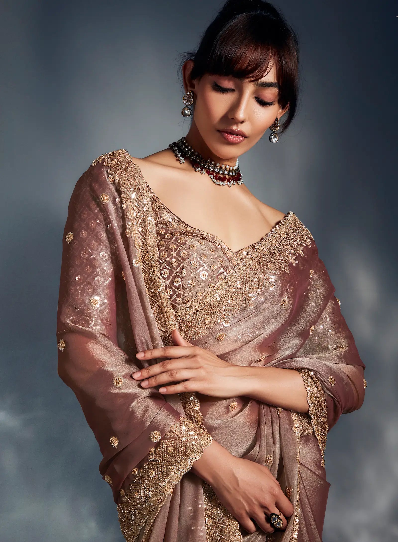 Coffee brown Organza Tissue Khatli Work Saree - qivii