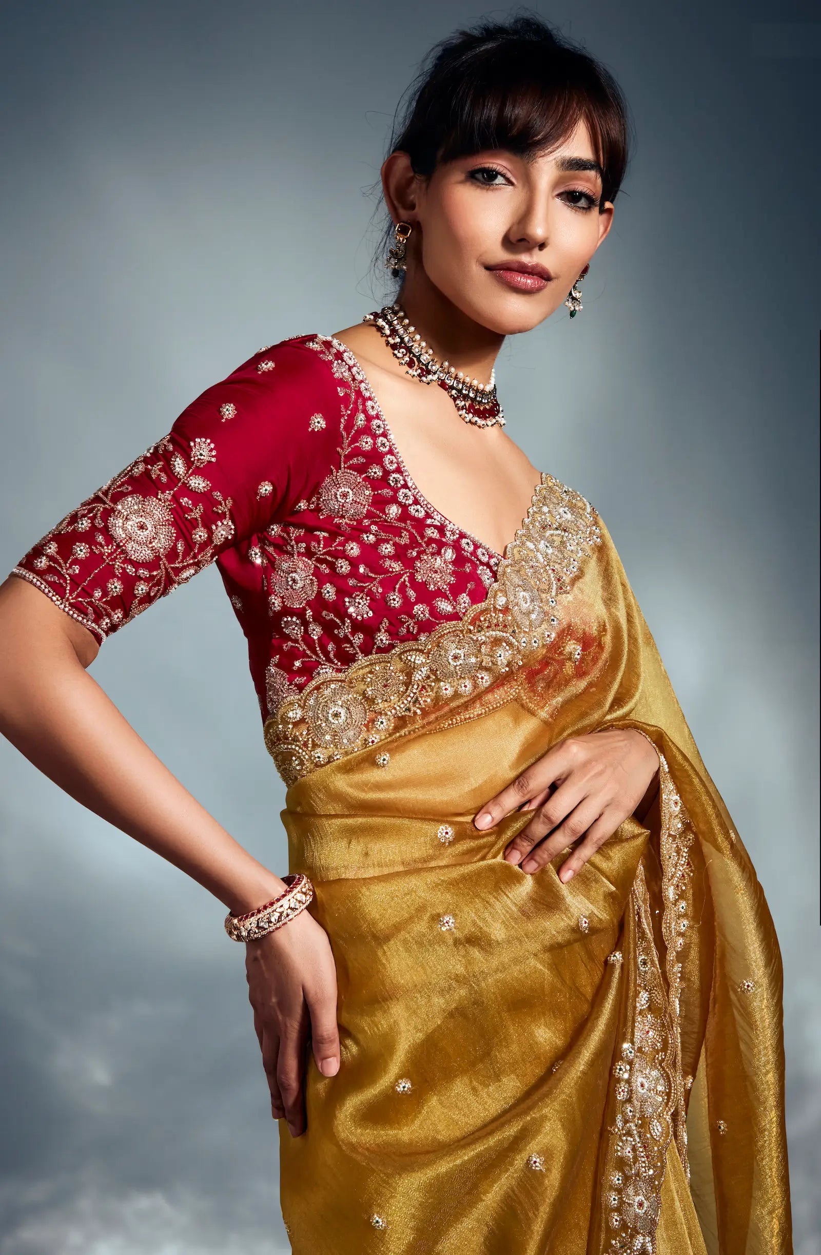 Golden Yellow Organza Tissue Khatli Work Saree - qivii