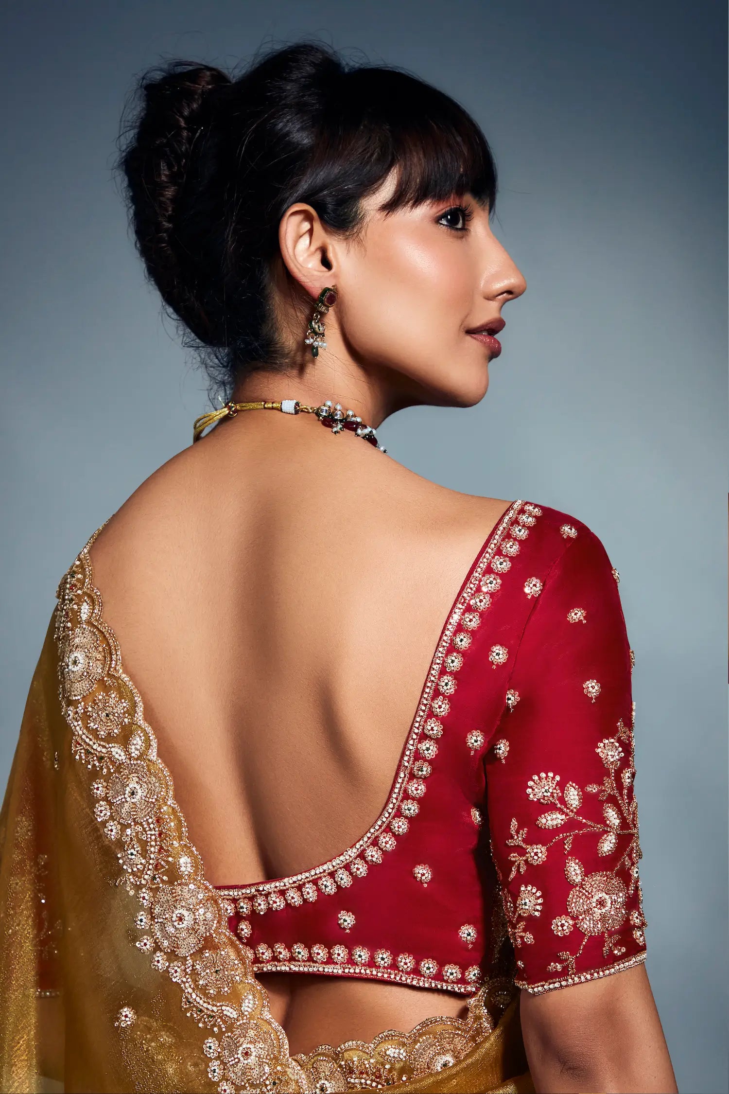 Golden Yellow Organza Tissue Khatli Work Saree - qivii