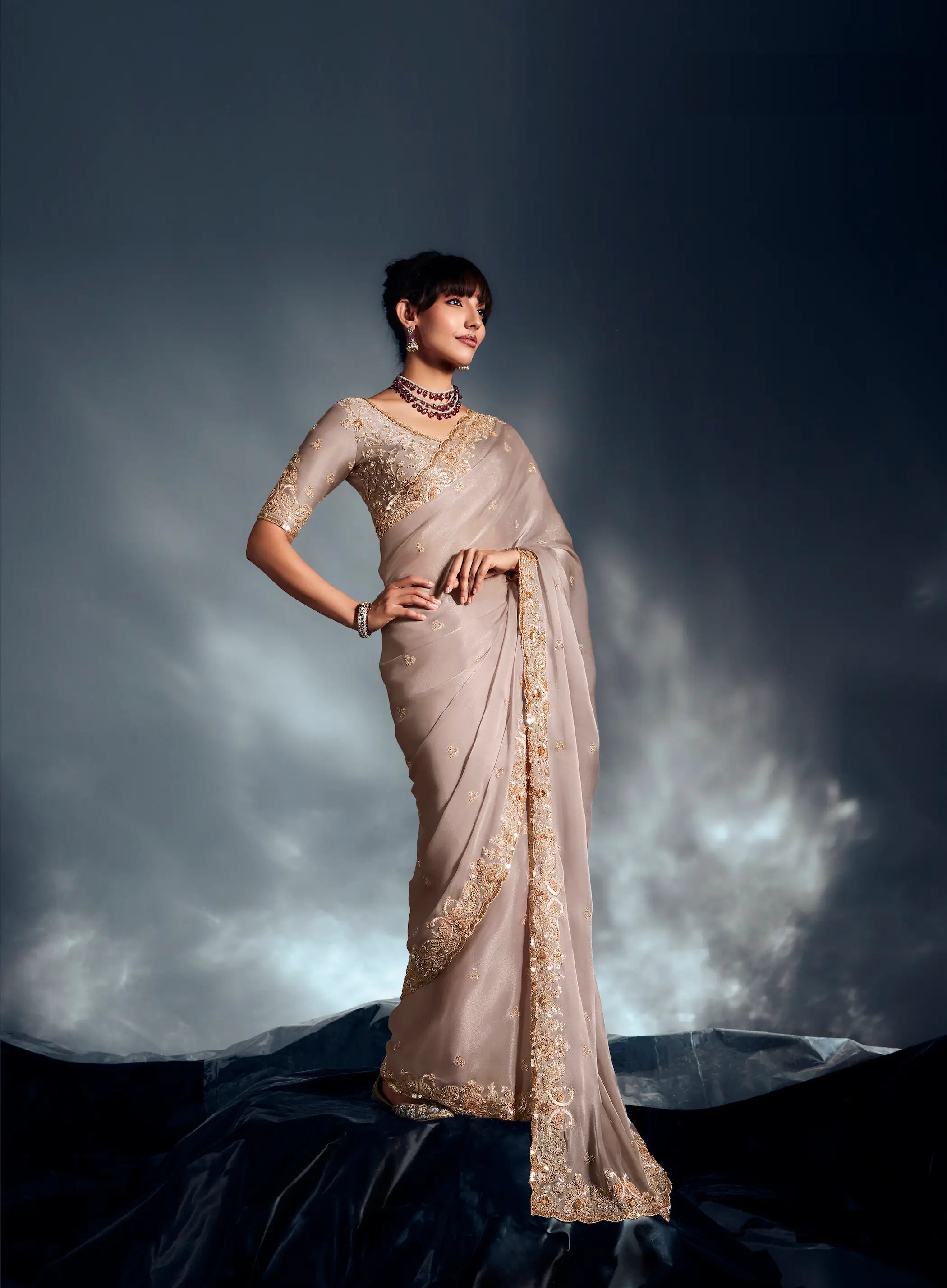 Vanilla White Organza Tissue Khatli Work Saree - qivii