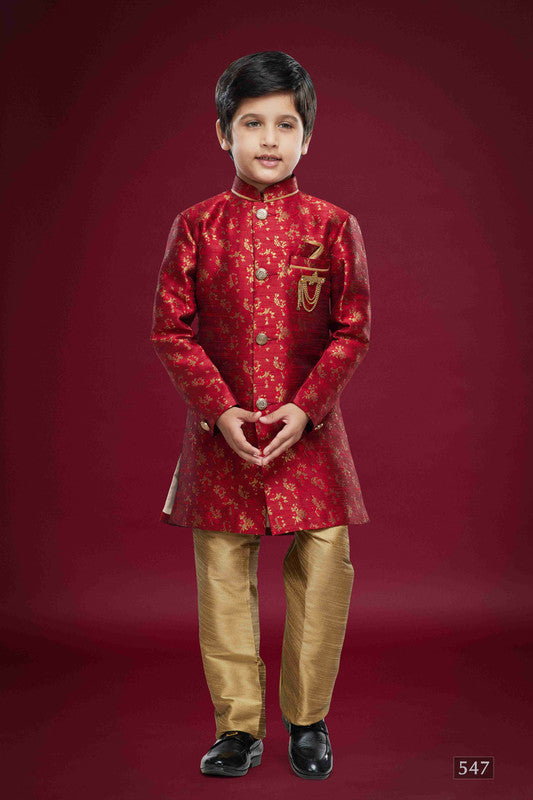 Boy's Maroon Banarasi Jacquard Woven Work Indo Western Set