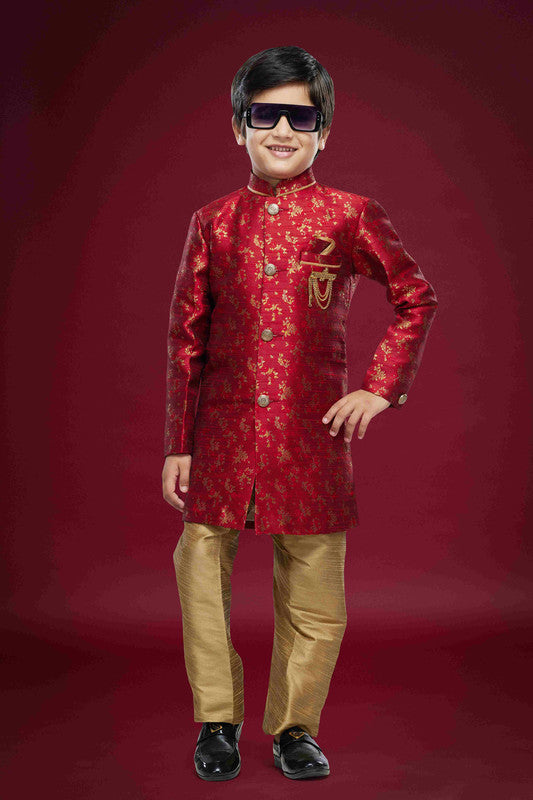 Boy's Maroon Banarasi Jacquard Woven Work Indo Western Set