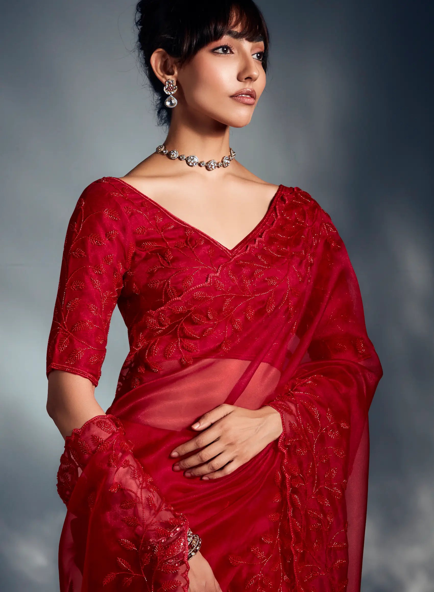 Hot Red Organza Tissue Khatli Work Saree - qivii