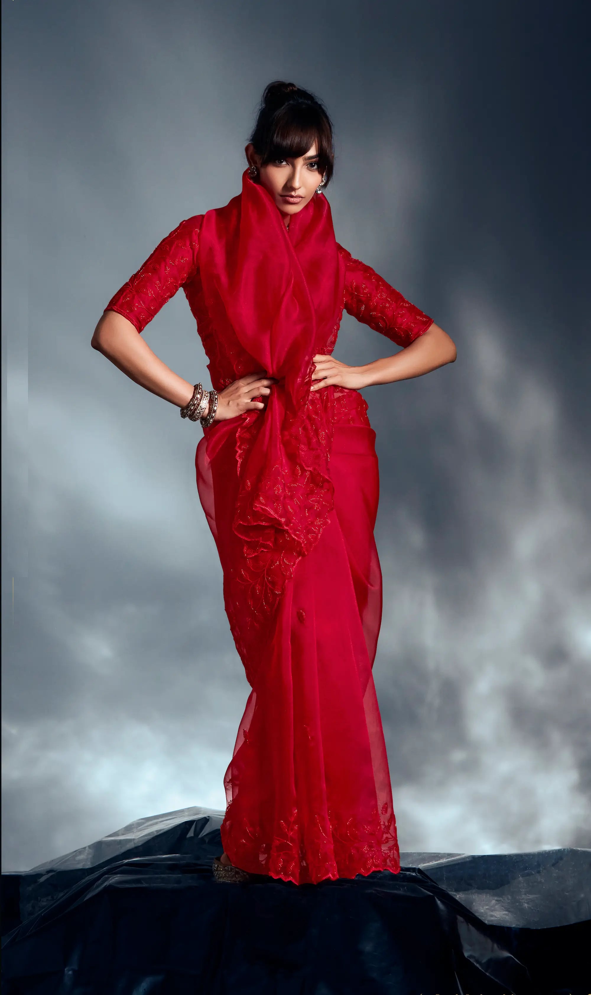 Hot Red Organza Tissue Khatli Work Saree - qivii