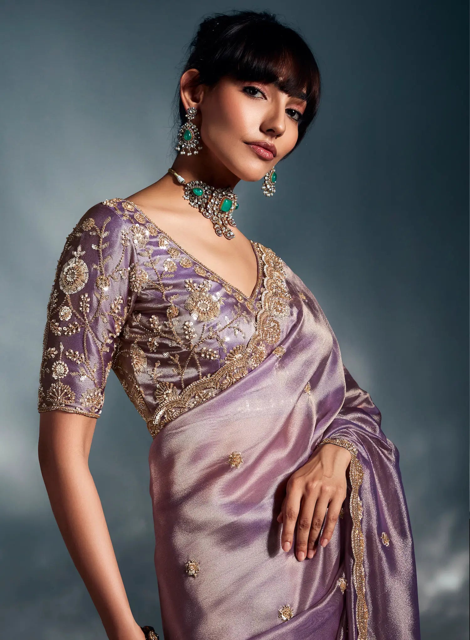 Lavender Organza Tissue Khatli Work Saree - qivii