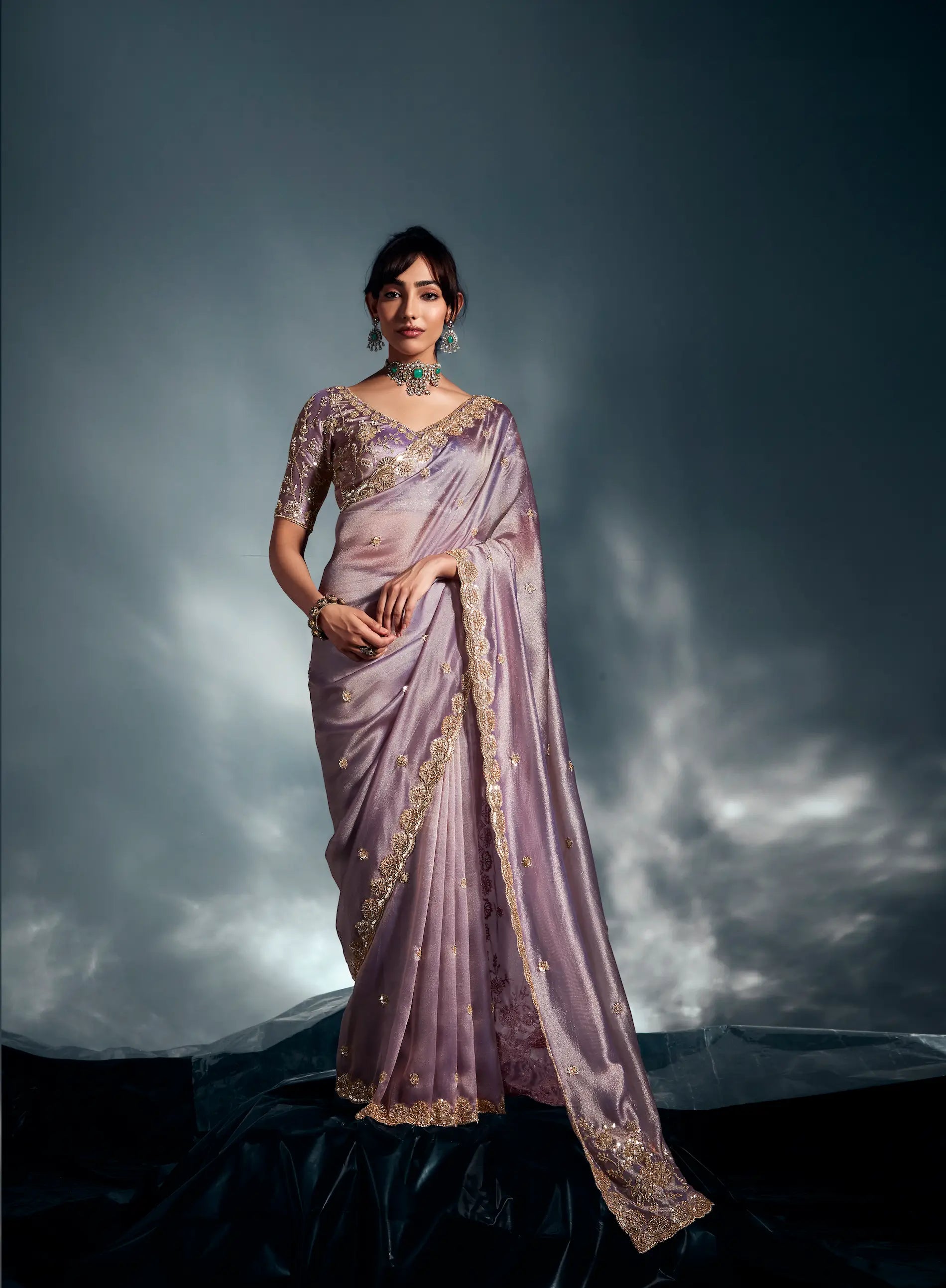 Lavender Organza Tissue Khatli Work Saree - qivii