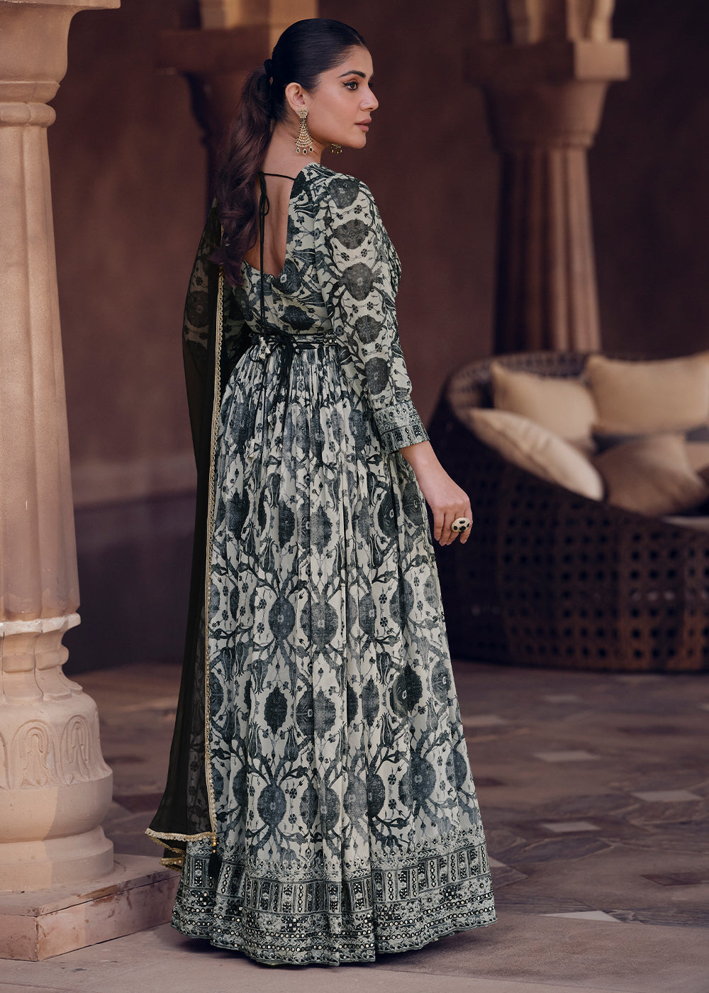 White & Black Floral Printed Georgette Anarkali Suit with Embroidery work - qivii