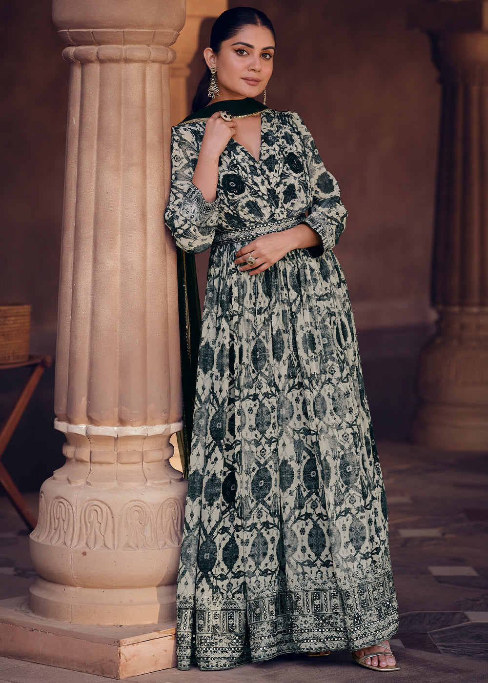 White & Black Floral Printed Georgette Anarkali Suit with Embroidery work - qivii