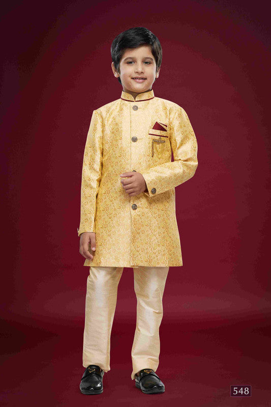 Boy's Gold Banarasi Jacquard Woven Work Indo Western Set