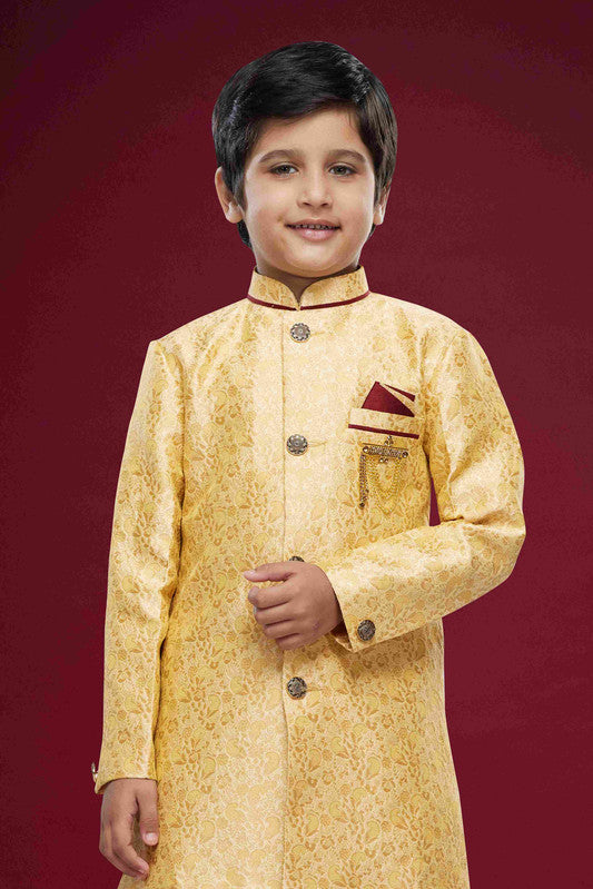 Boy's Gold Banarasi Jacquard Woven Work Indo Western Set