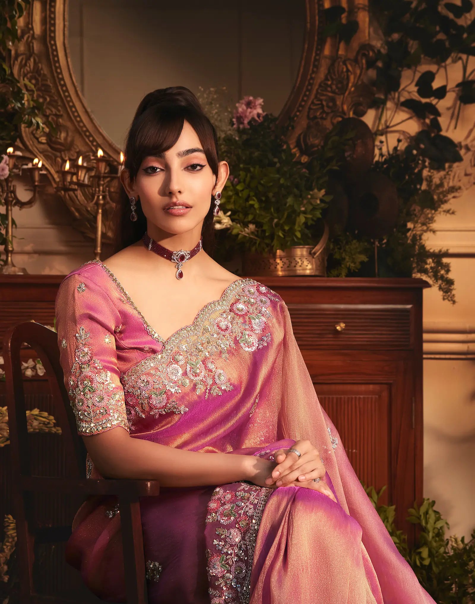 Rosy Pink Tissue Organza Heavy Embroidery Saree - qivii