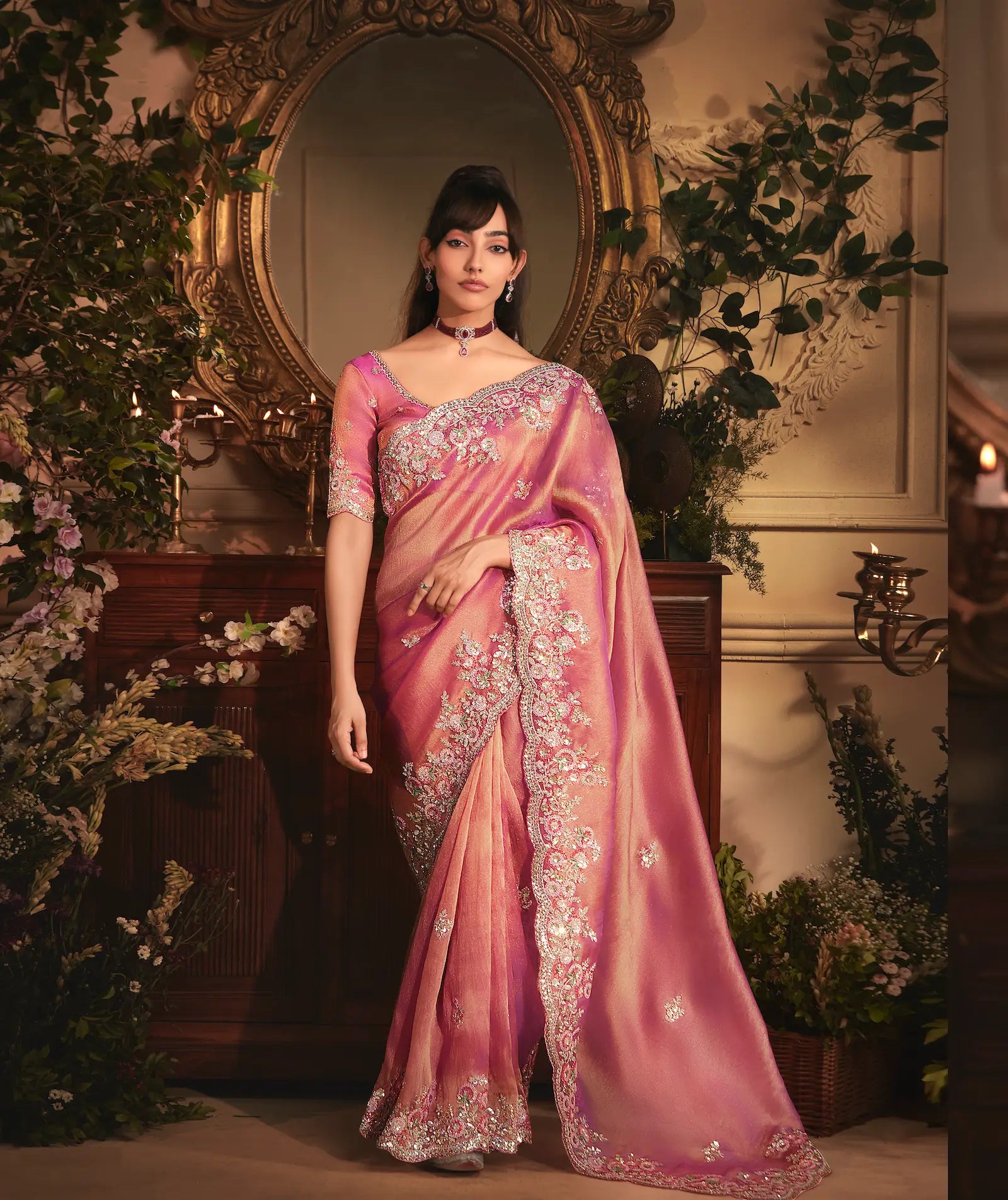 Rosy Pink Tissue Organza Heavy Embroidery Saree - qivii