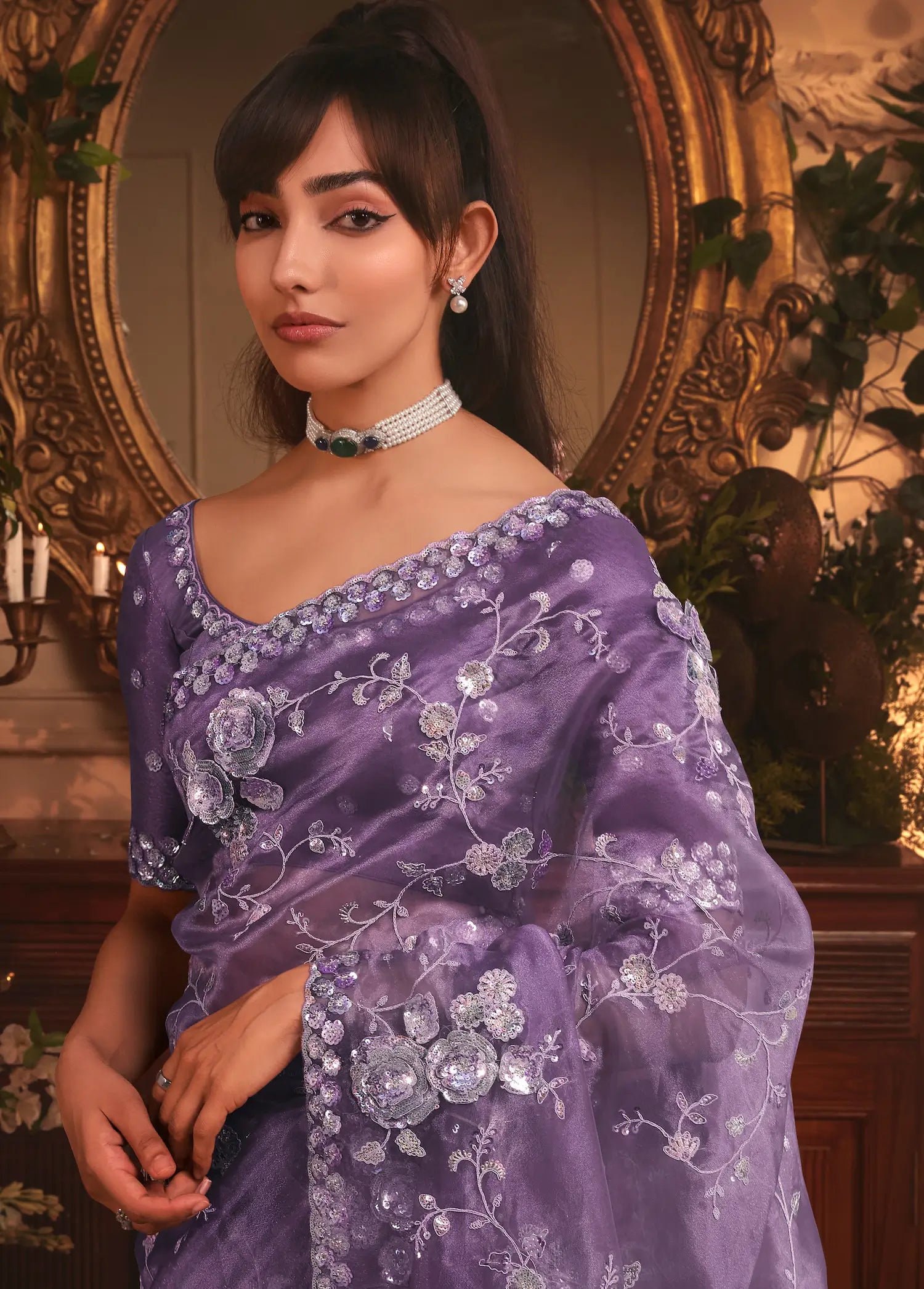 Dark Lilac Tissue Organza Heavy Embroidery Saree - qivii