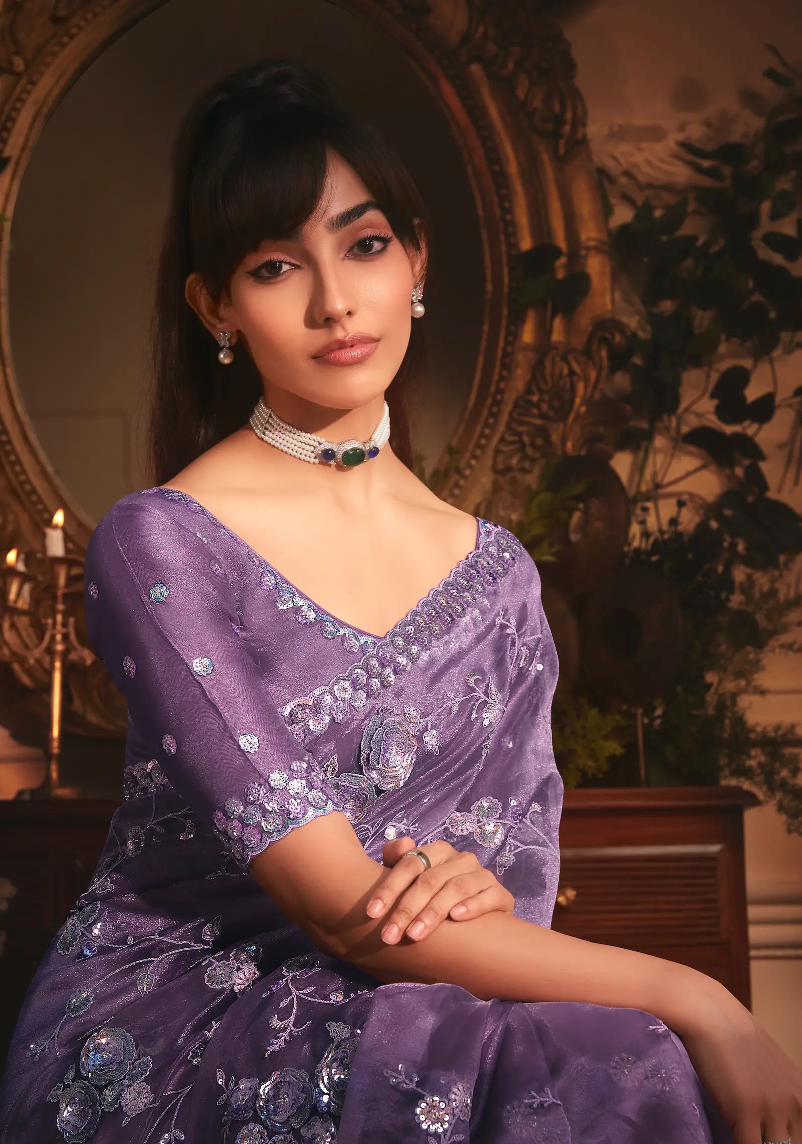 Dark Lilac Tissue Organza Heavy Embroidery Saree - qivii