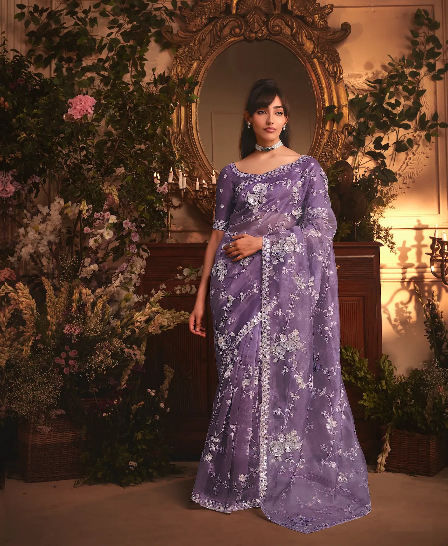 Dark Lilac Tissue Organza Heavy Embroidery Saree - qivii