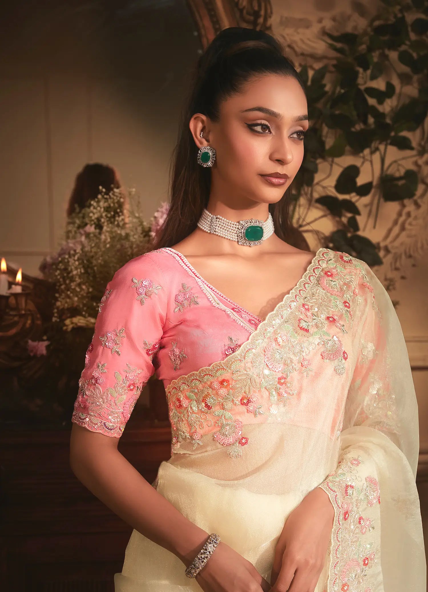 Vanilla White Tissue Organza Heavy Embroidery Saree - qivii