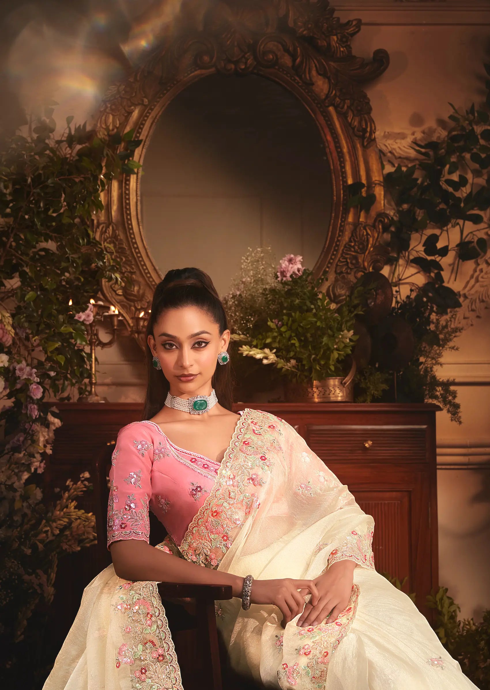 Vanilla White Tissue Organza Heavy Embroidery Saree - qivii