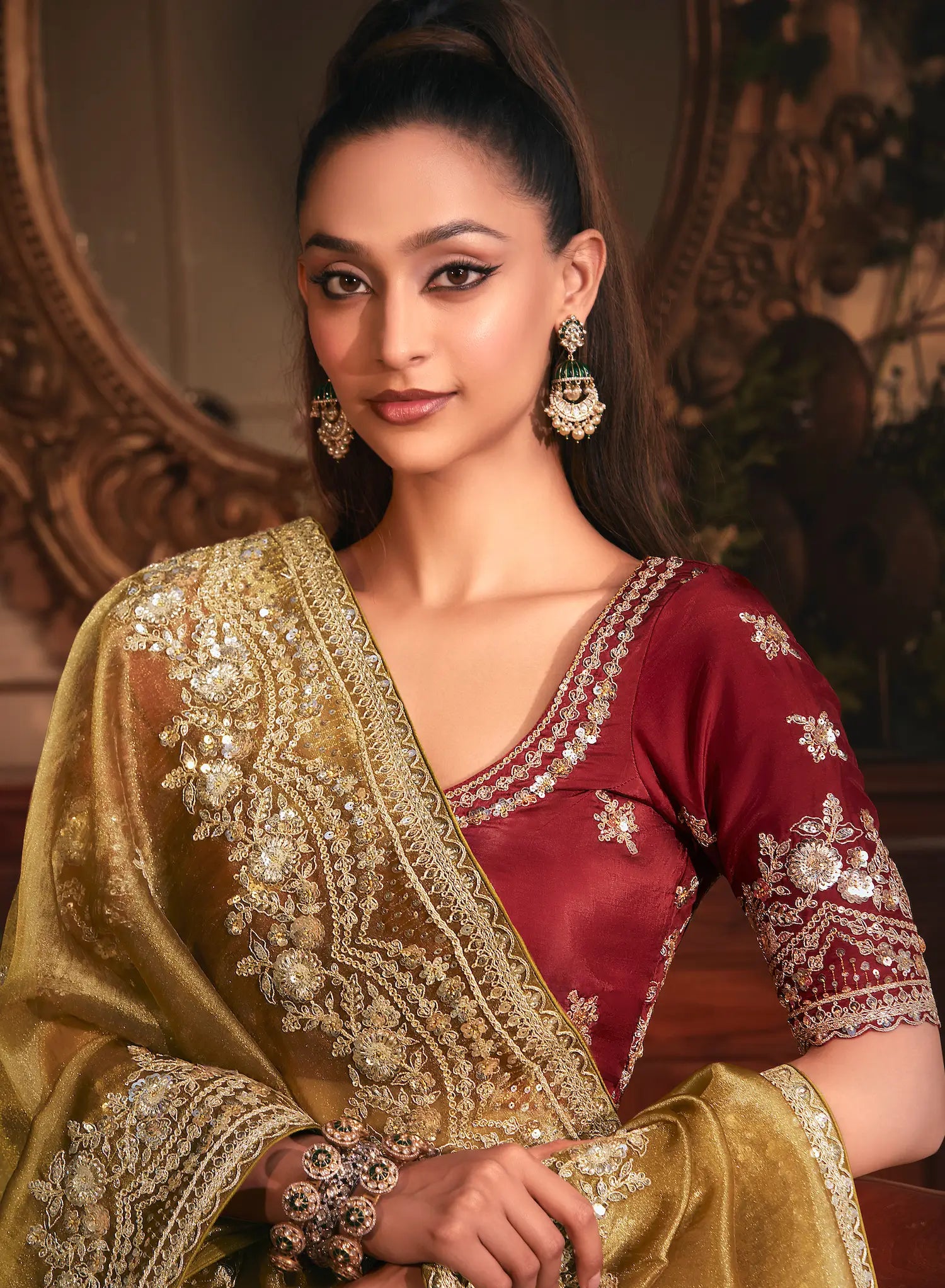 Golden Brown Tissue Organza Heavy Embroidery Saree - qivii