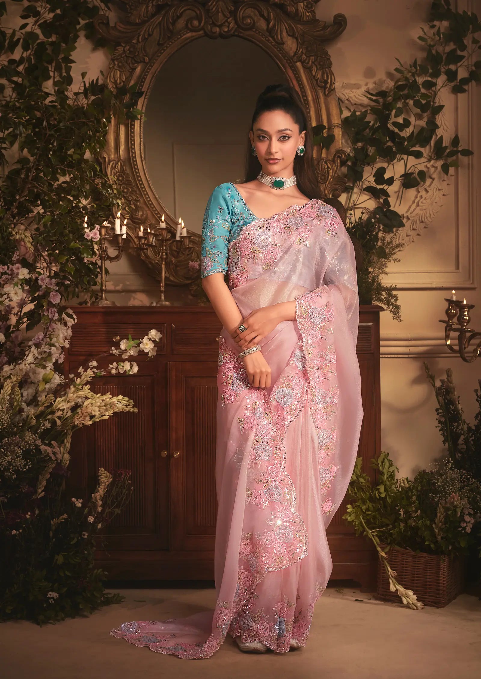 Blush Pink Tissue Organza Heavy Embroidery Saree - qivii