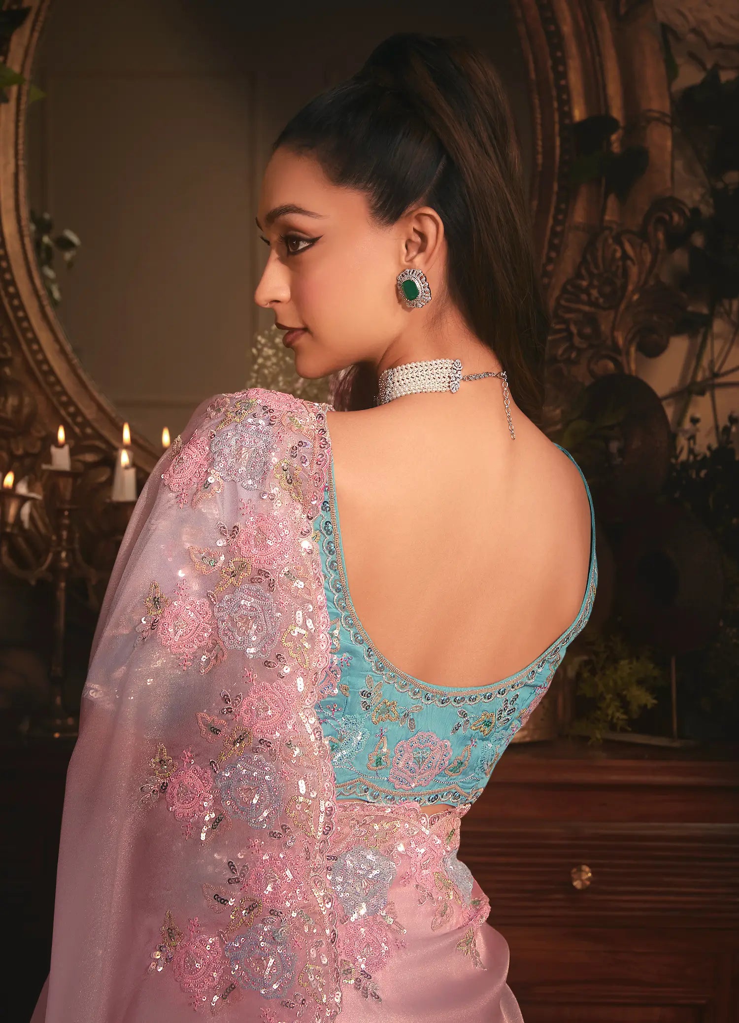 Blush Pink Tissue Organza Heavy Embroidery Saree - qivii