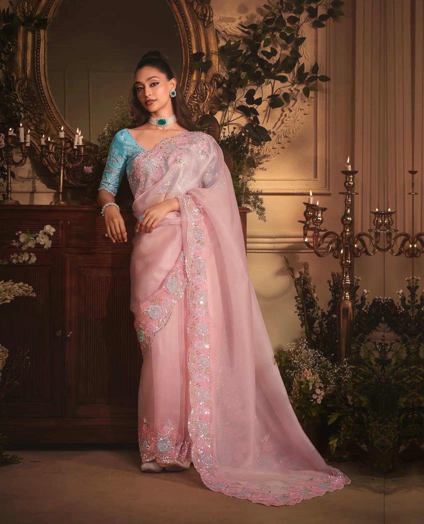 Blush Pink Tissue Organza Heavy Embroidery Saree - qivii