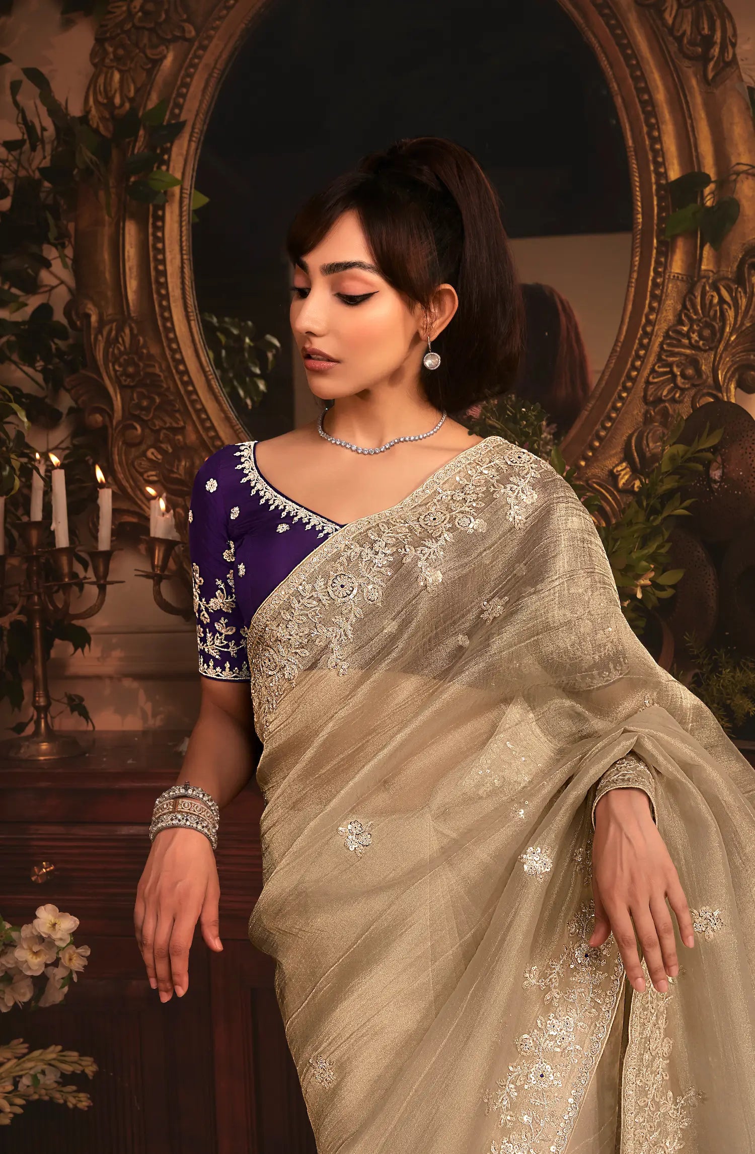 Golden Beige Tissue Organza Heavy Embroidery Saree - qivii