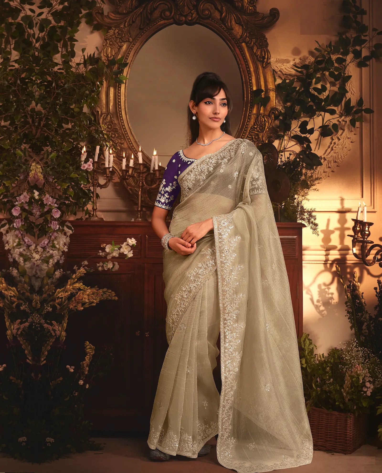 Golden Beige Tissue Organza Heavy Embroidery Saree - qivii