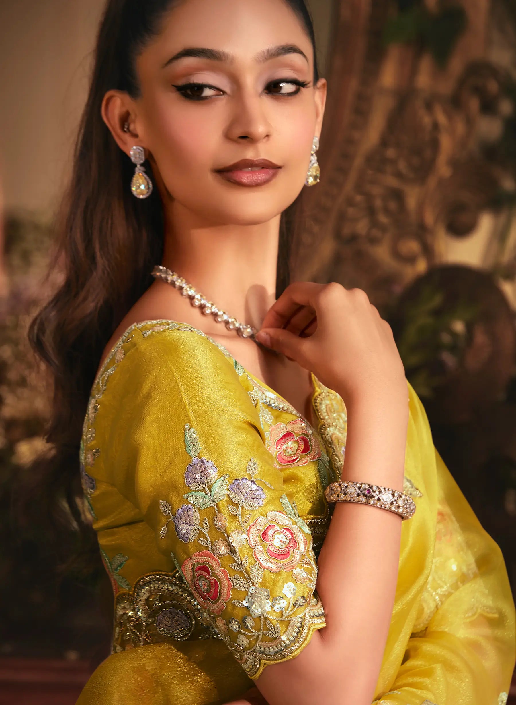 Fuel Yellow Tissue Organza Heavy Embroidery Saree - qivii
