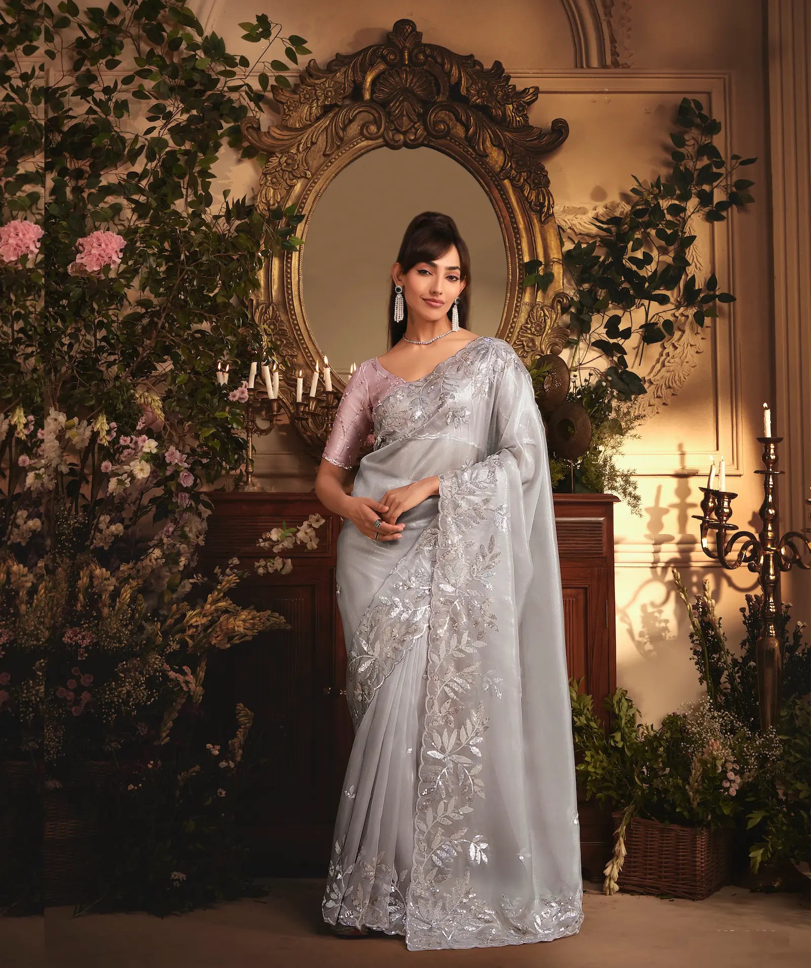 Silver Grey Tissue Organza Heavy Embroidery Saree - qivii