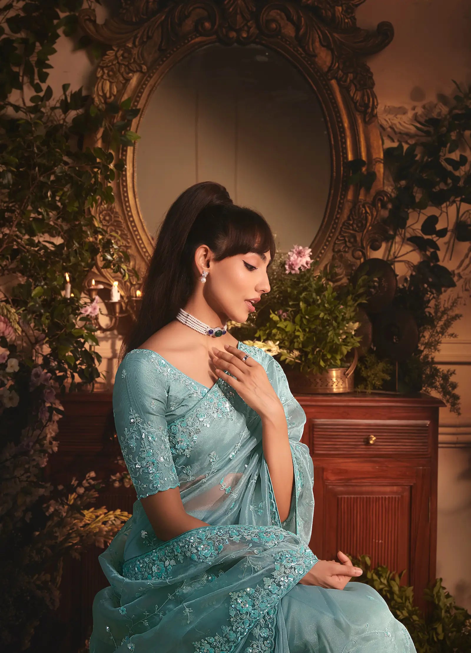 Greyish Teal Tissue Organza Heavy Embroidery Saree - qivii