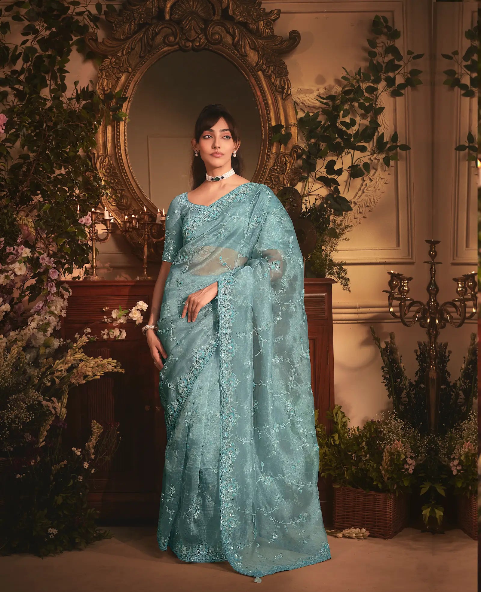 Greyish Teal Tissue Organza Heavy Embroidery Saree - qivii