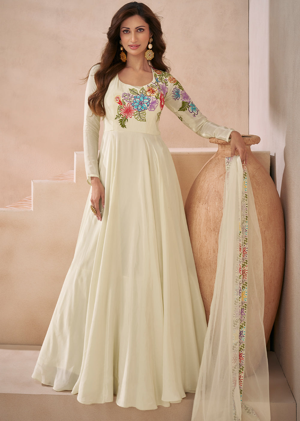 Pearl White Silk Anarkali Gown with Embroidery work - qivii