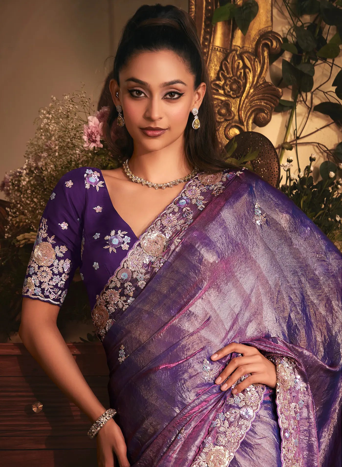 Shaded Purple Tissue Organza Heavy Embroidery Saree - qivii