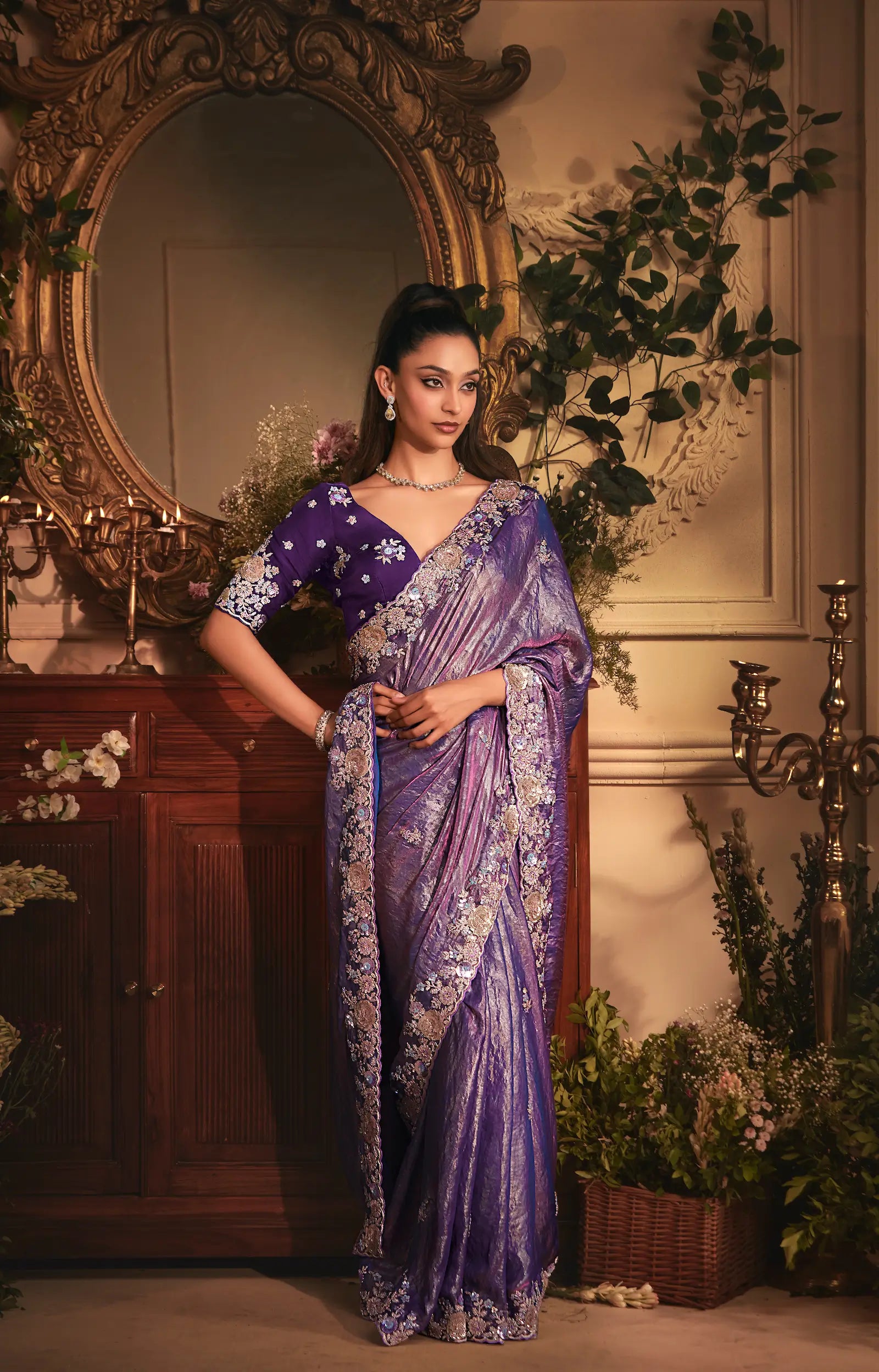 Shaded Purple Tissue Organza Heavy Embroidery Saree - qivii