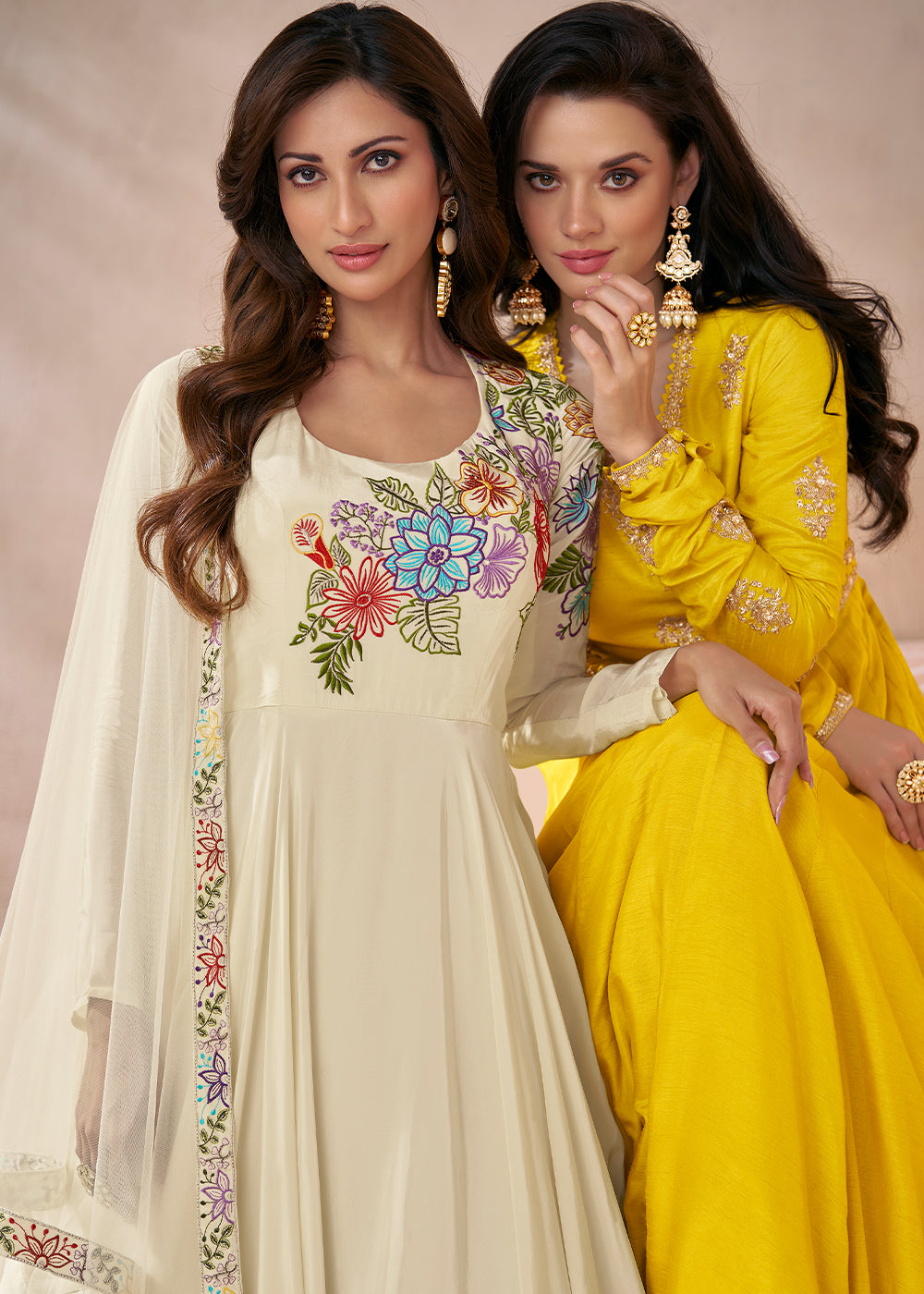 Pearl White Silk Anarkali Gown with Embroidery work - qivii